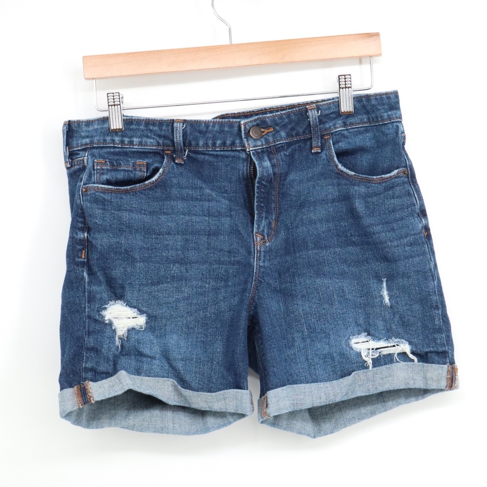 Old Navy Denim Shorts Womens 10 Distressed Dark Blue Stretch Cuffed Excellent